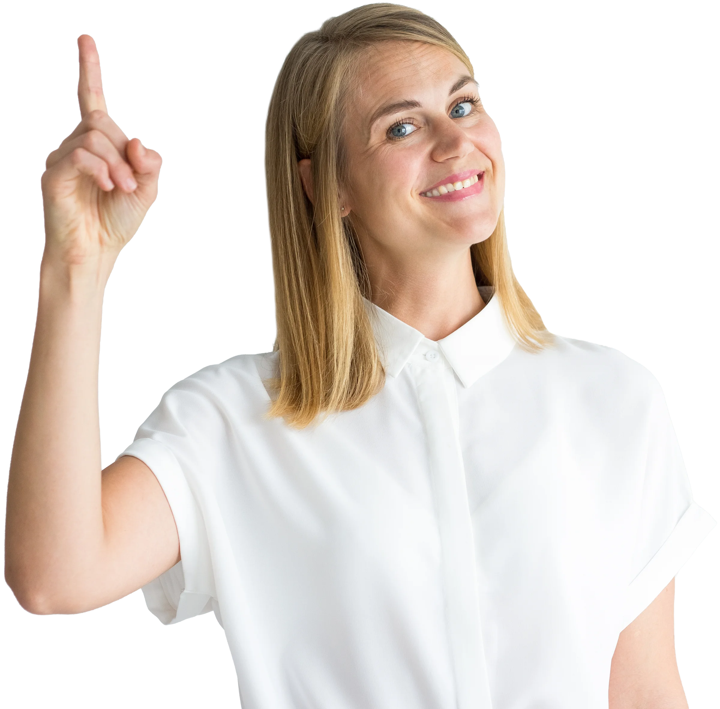 Smiling woman in a white blouse pointing upwards with her index finger
