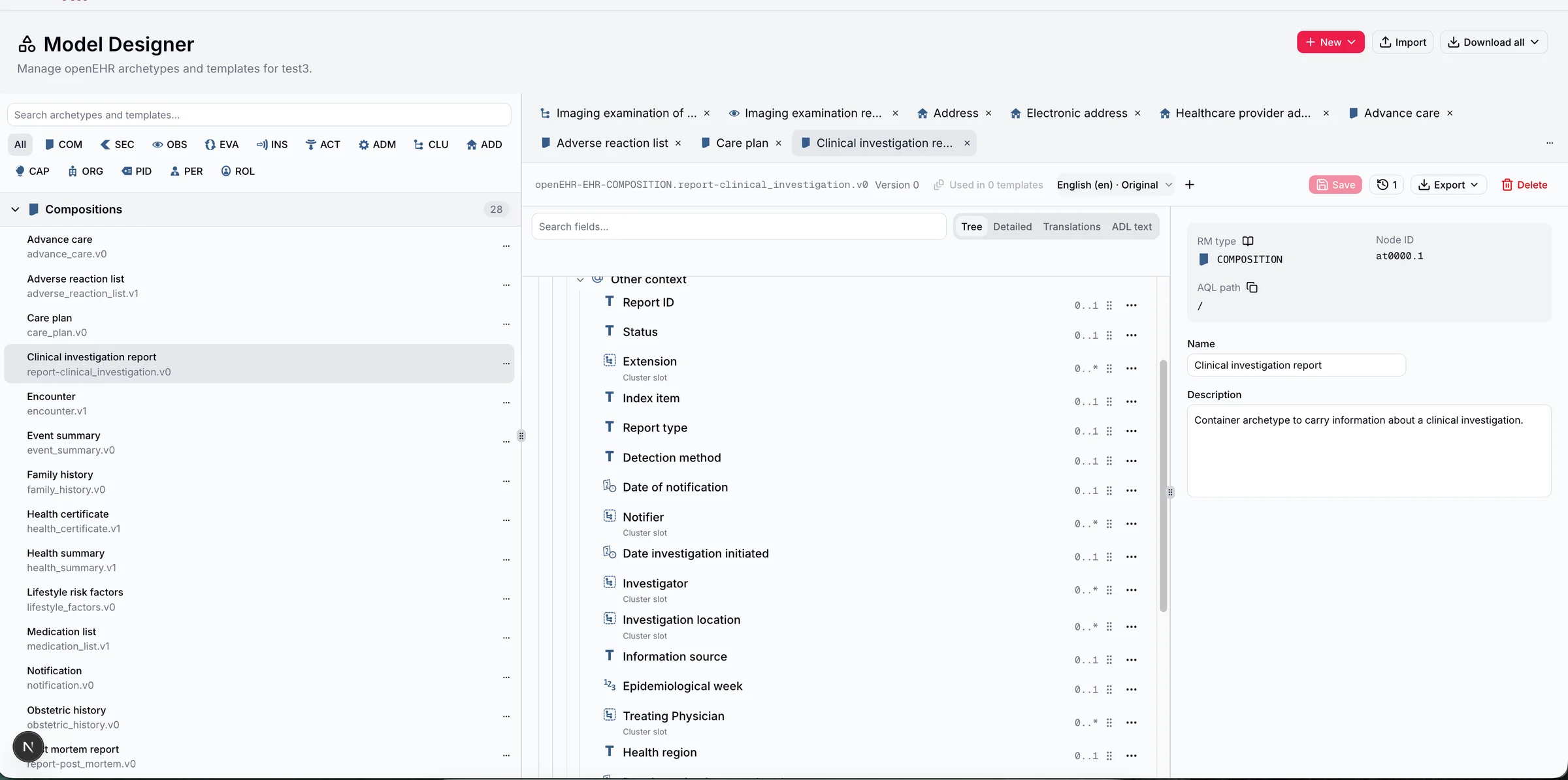 Model Designer: Archetypen-Liste links, geöffnetes Template „Clinical investigation report“ mit Feldbaum und Detailbereich