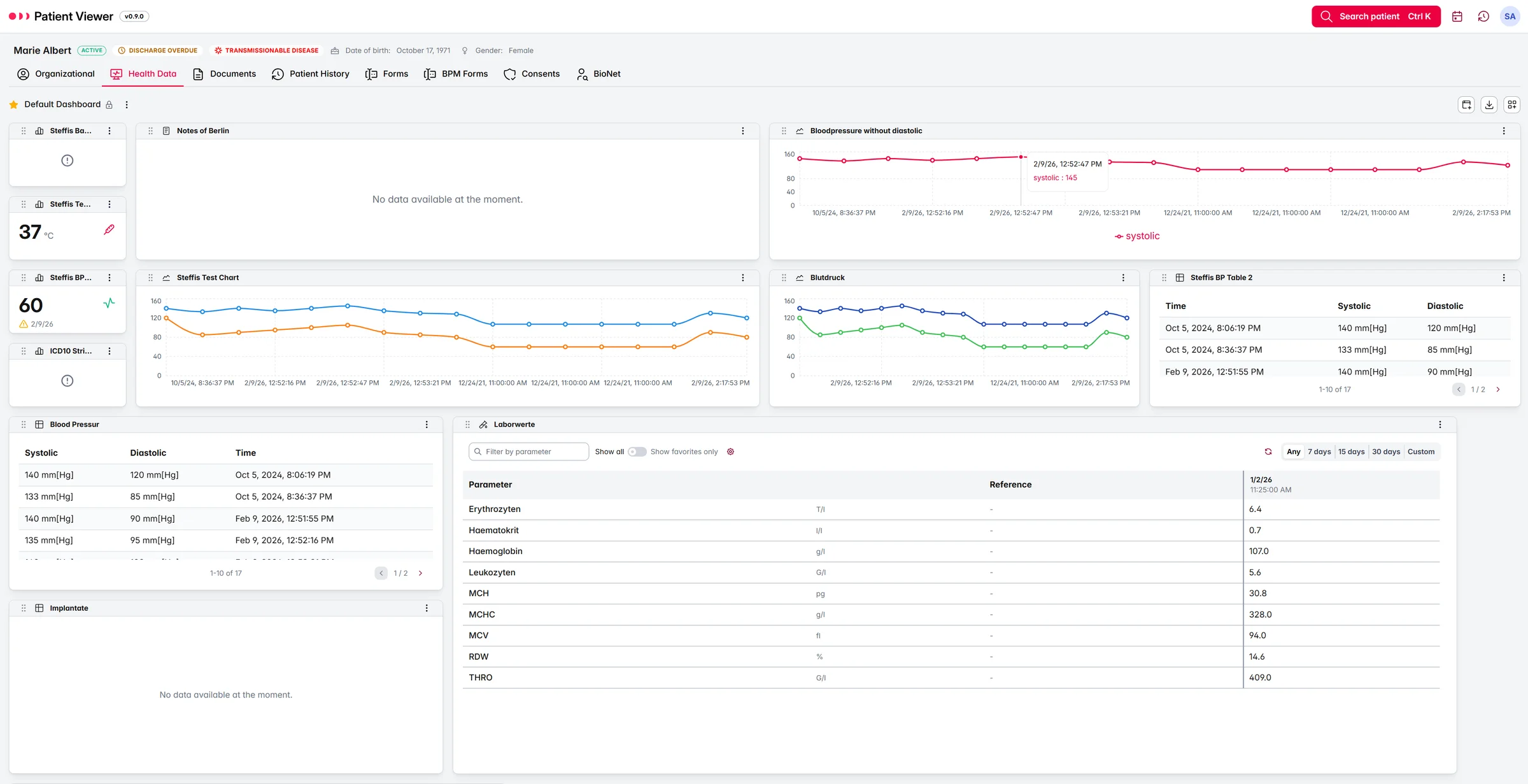 Patient Viewer: Dashboard einer Patientenakte mit Kacheln für Vitalwerte, Blutdruckverläufe als Diagramm und Tabelle sowie Laborwerte
