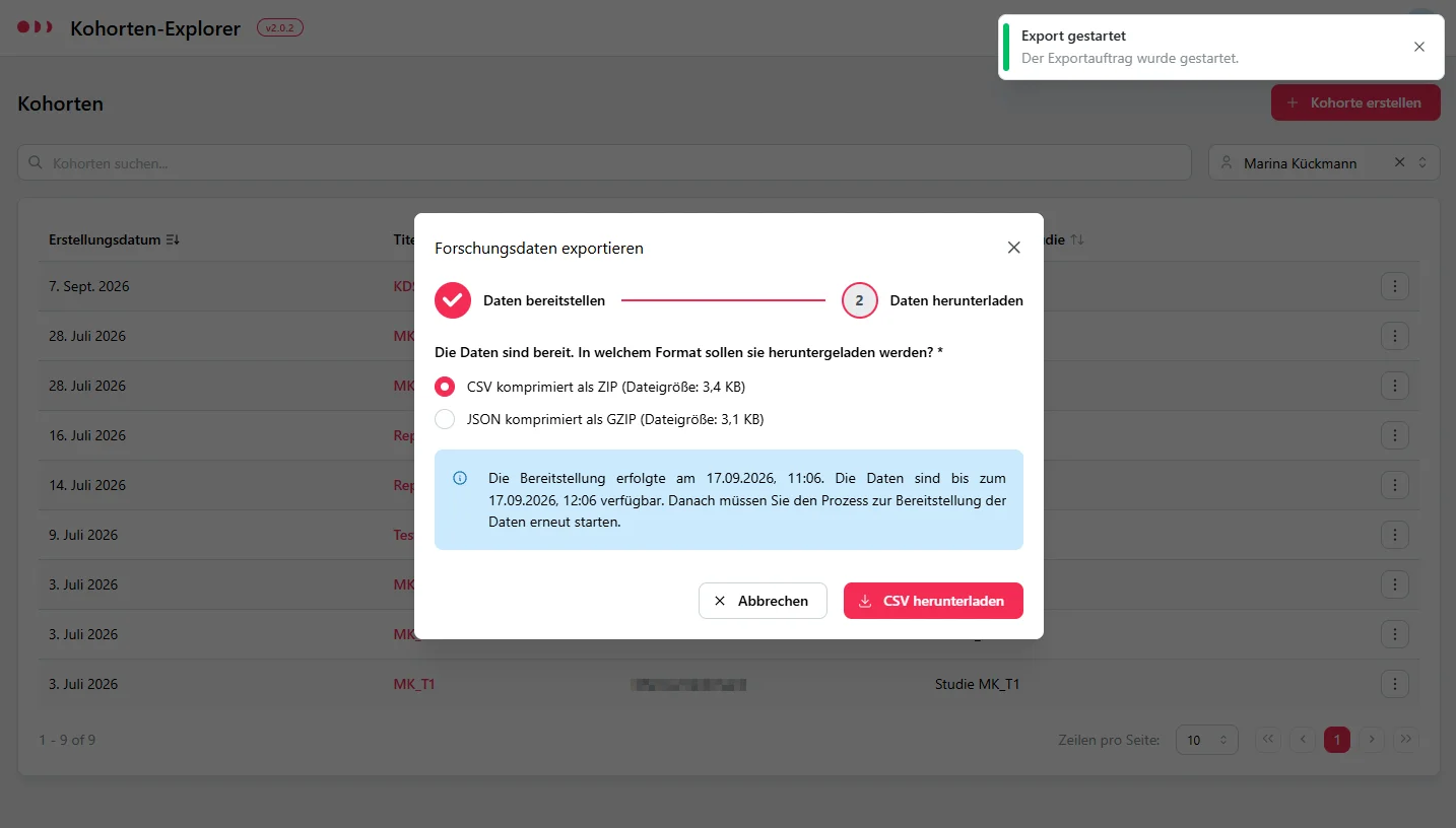 Kohorten-Explorer: Dialog „Forschungsdaten exportieren", Schritt 2 mit Formatauswahl CSV als ZIP oder JSON als GZIP