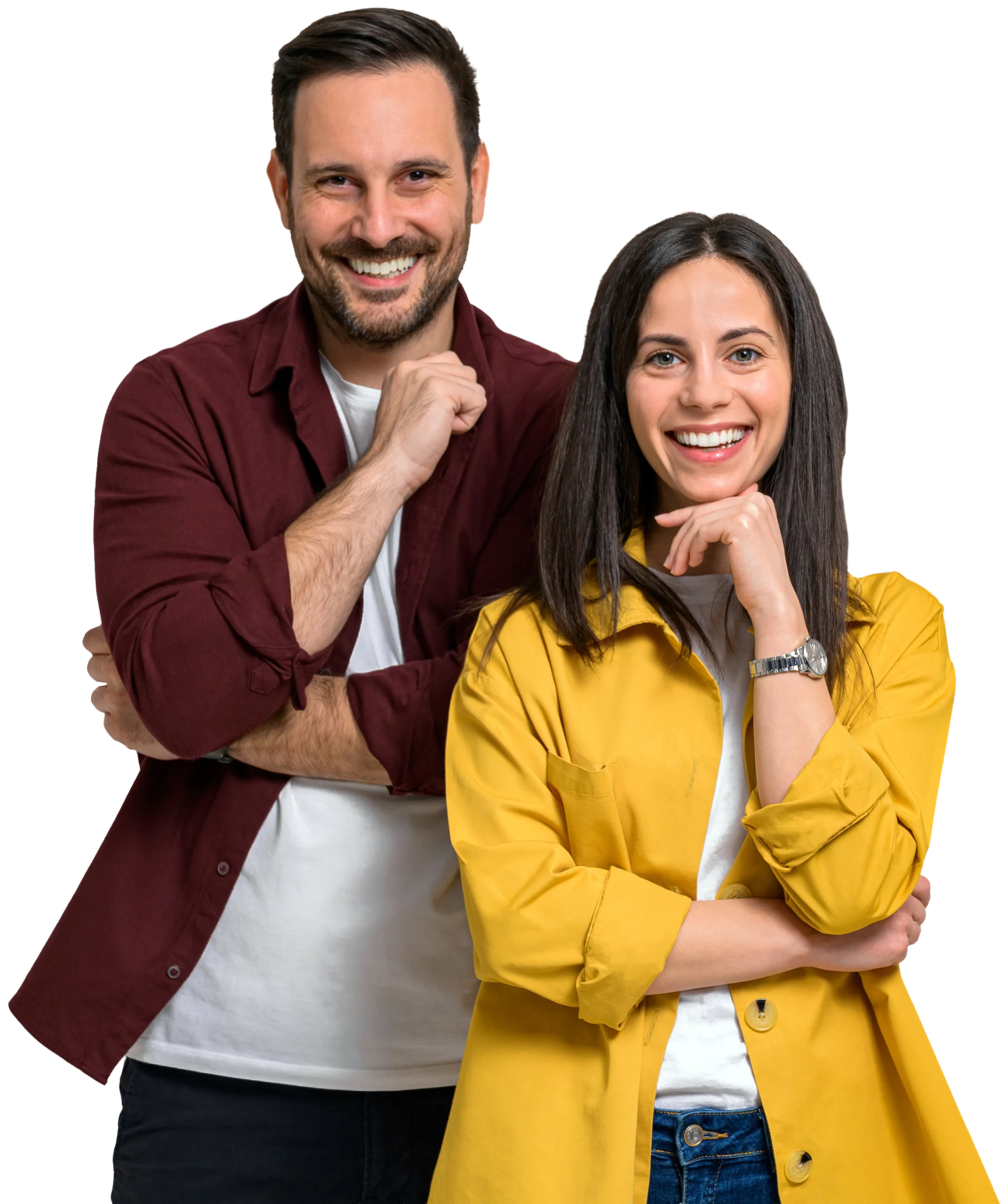 Smiling man in a red shirt and smiling woman in a yellow jacket standing side by side, cut out on transparent background