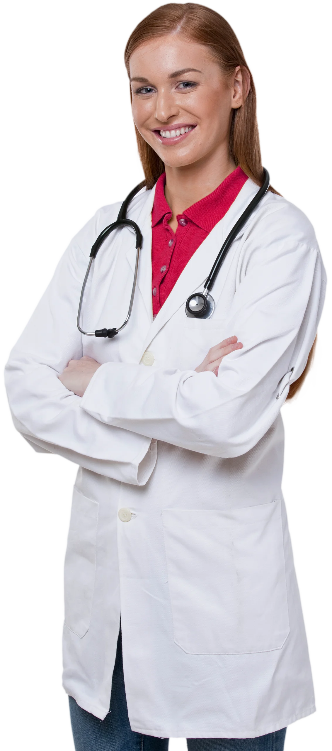 Smiling doctor in a white coat with a stethoscope, arms crossed, cut out on transparent background