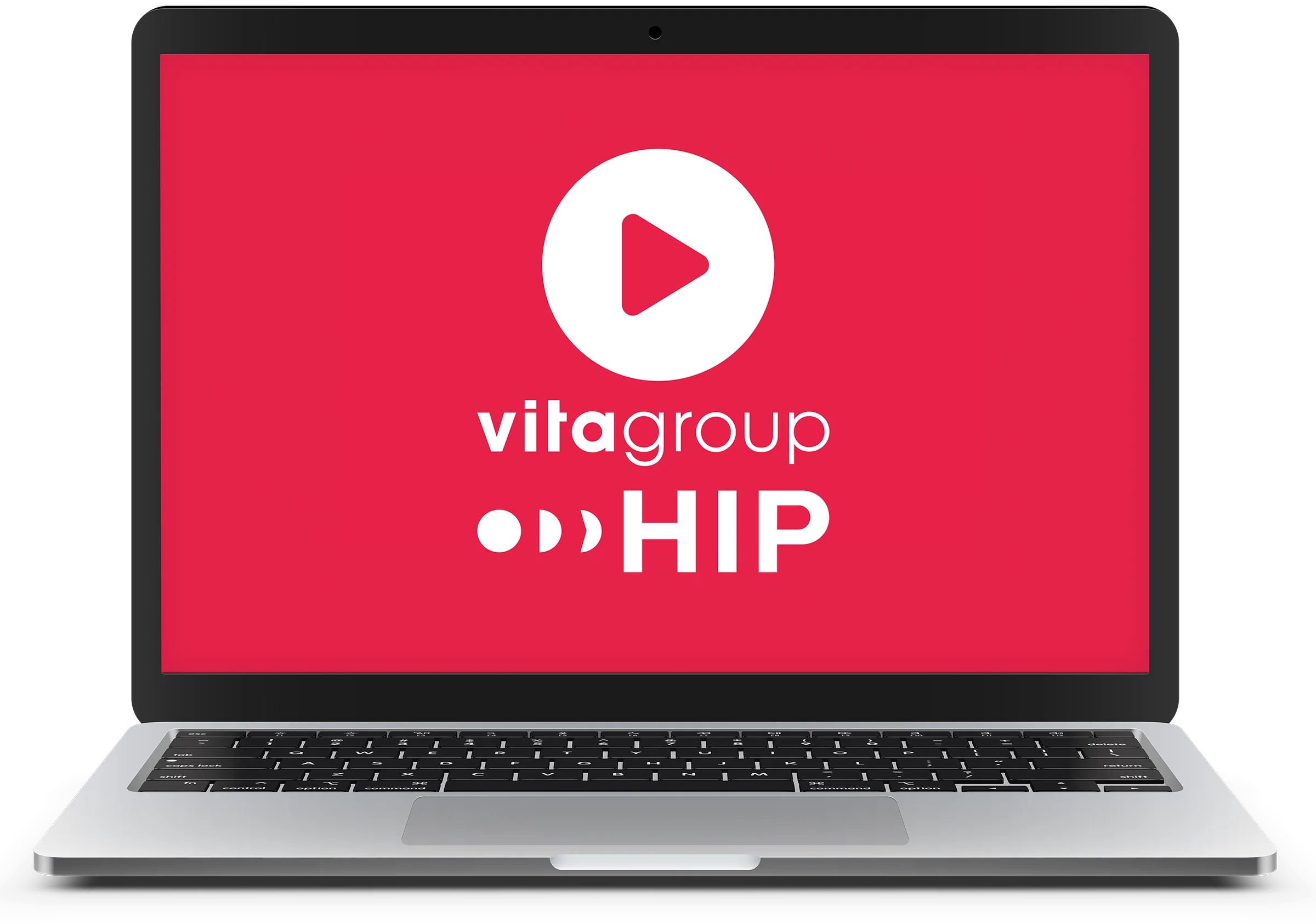 Laptop with video start screen: play icon and vitagroup HIP lettering on a red background